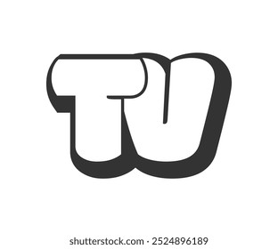 TV logo, bubble comic lettering, rounded in graffiti style black and white silhouette. Trendy preschool T and V letter text for festival party, personal initials, children funky print and web. Vector 