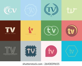 TV logo company template. Letter t and v logotype. Set different classic serif lettering and modern bold text with design elements. Initial font typography. Collection trendy business identity.