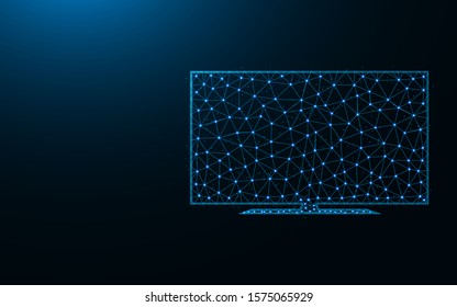 Icono de baja polea de TV, Icono de alambre LED Televisión de malla ancha ilustración vectorial poligonal hecha de puntos y líneas sobre fondo azul oscuro