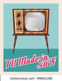 "TV made in 50`s", television vector image in retro style, gradients wood and golden details of the case, the screen mesh, vintage atomic era design, imitation advertising poster, vector EPS 10