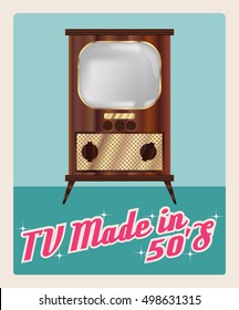 "TV made in 50`s", televisor vector image in retro style, gradients wood and golden details of the case, the screen mesh, vintage atomic era design, imitation advertising poster, vector EPS 10