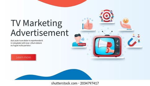 TV marketing advertisement banner. Hand holding a megaphone on tv screen background. Feedback, Like, customer, retention icons. Business concept. Web vector landing page template in 3D style