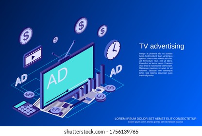 TV marketing, advertisement flat isometric vector concept illustration