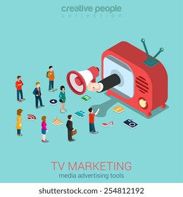 TV marketing advertisement shopping sale flat 3d web isometric infographic concept vector. Hand loudspeaker sticks from retro antenna TV-set micro people and service icons. Creative people collection.