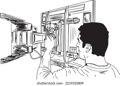 Tv Mechanic installing led tv on wall mount, Professional technicians installing modern flat screen TV on wall, LCD TV Technician sketch drawing, silhouette, clip art