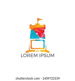 TV Media Fort Logo Design. TV Service Castle Logo Design Template.	