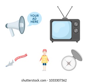 TV, megaphone, a man with a poster, an airplane with a banner.Advertising,set collection icons in cartoon style vector symbol stock illustration web.
