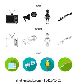 TV, megaphone, a man with a poster, an airplane with a banner.Advertising,set collection icons in black,flat,outline style vector symbol stock illustration web.