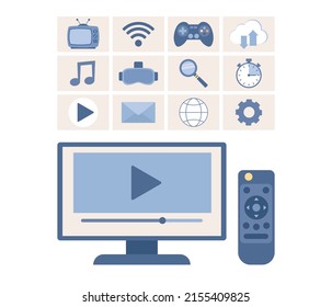 TV, Menu And Remote Control Icon Set. Smart Television Concept. Vector Flat Illustration 
