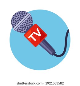 TV microphone icon in blue circle. flat vector illustration.
