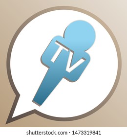 TV microphone sign illustration. Bright cerulean icon in white speech balloon at pale taupe background. Illustration.