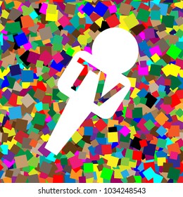 TV microphone sign illustration. Vector. White icon on colorful background with seamless pattern from squares.