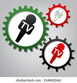 TV microphone sign illustration. Vector. Three connected gears with icons at grayish background.