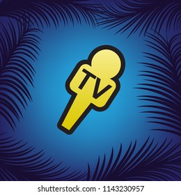 TV microphone sign illustration. Vector. Golden icon with black contour at blue background with branches of palm trees.