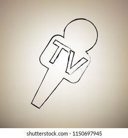 TV microphone sign illustration. Vector. Brush drawed black icon at light brown background.