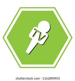 TV microphone sign illustration. Vector. White icon with black shadow at yellow green honeycomb on white background.
