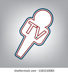 TV microphone sign illustration. Vector. Dark red, transparent and midnight green stroke of white icon at grayish background.