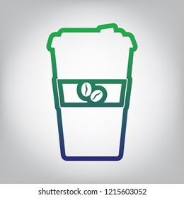 TV microphone sign illustration. Vector. Green to blue gradient contour icon at grayish background with light in center.