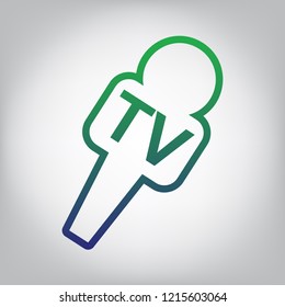 TV microphone sign illustration. Vector. Green to blue gradient contour icon at grayish background with light in center.