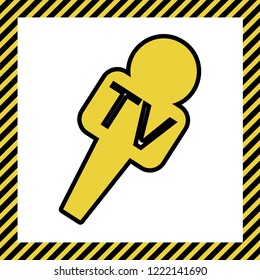 TV microphone sign illustration. Vector. Warm yellow icon with black contour in frame named as under construction at white background. Isolated.
