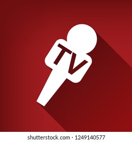 TV microphone sign illustration. Vector. White icon with limitless shadow at ruby red background.