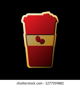 TV microphone sign illustration. Vector. Red icon with small black and limitless shadows at golden sticker on black background.