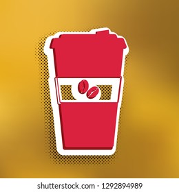 TV microphone sign illustration. Vector. Magenta icon with darker shadow, white sticker and black popart shadow on golden background.