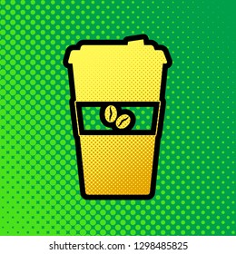 TV microphone sign illustration. Vector. Pop art orange to yellow dots-gradient icon with black contour at greenish background.