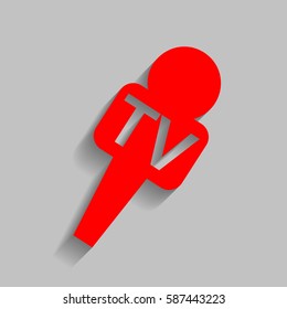 TV microphone sign illustration. Vector. Red icon with soft shadow on gray background.