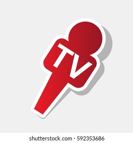 TV microphone sign illustration. Vector. New year reddish icon with outside stroke and gray shadow on light gray background.
