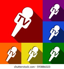 TV microphone sign illustration. Vector. Set of icons with flat shadows at red, orange, yellow, green, blue and violet background.