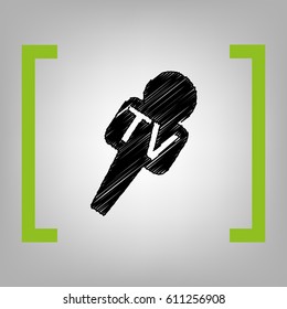 TV microphone sign illustration. Vector. Black scribble icon in citron brackets on grayish background.