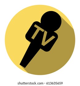 TV microphone sign illustration. Vector. Flat black icon with flat shadow on royal yellow circle with white background. Isolated.