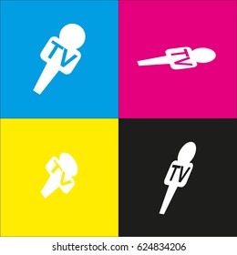 TV microphone sign illustration. Vector. White icon with isometric projections on cyan, magenta, yellow and black backgrounds.