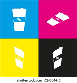 TV microphone sign illustration. Vector. White icon with isometric projections on cyan, magenta, yellow and black backgrounds.