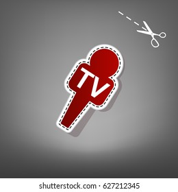 TV microphone sign illustration. Vector. Red icon with for applique from paper with shadow on gray background with scissors.