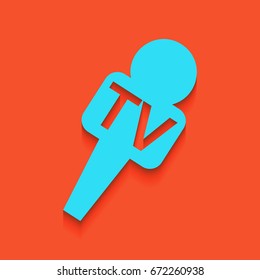 TV microphone sign illustration. Vector. Blue icon with soft shadow putted down on flamingo background.