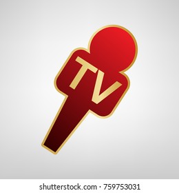 TV microphone sign illustration. Vector. Red icon on gold sticker at light gray background.