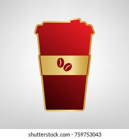 TV microphone sign illustration. Vector. Red icon on gold sticker at light gray background.