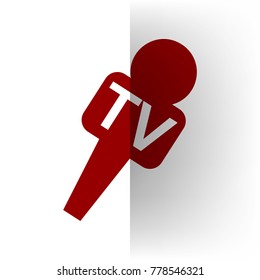 TV microphone sign illustration. Vector. Bordo icon on white bending paper background.