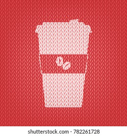 TV microphone sign illustration. Vector. Knitted white icon on a red knitted background.