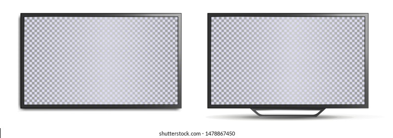 TV mockup with blank screen. Two realistic 3D TVs, wall-mounted and with legs for horizontal surfaces. Modern stylish lcd panel, led type. Large computer monitor display mockup. Vector lcd set