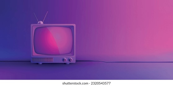 Mockup de televisión sobre una composición de fondo neón de color con televisión retro vintage con ilustración de cable y antena vectorial