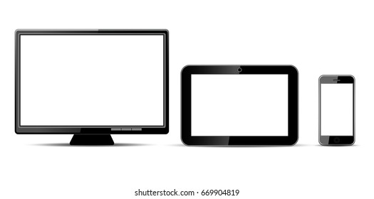 TV, monitor and phone with white screens. Drawing by hand.