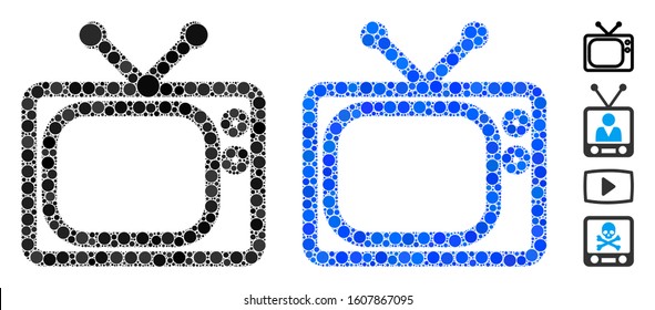 Tv mosaic of spheric dots in variable sizes and color tints, based on tv icon. Vector round dots are grouped into blue mosaic. Dotted tv icon in usual and blue versions.