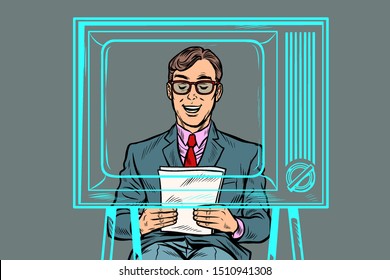 TV news anchor. Pop art retro vector illustration drawing