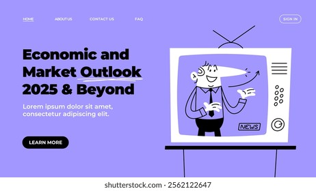 A TV news anchor with a satisfied face talks about rising incomes. The man is lying from the TV screen. The economic crisis. Template of web banner and landing page. Doodle vector illustration.