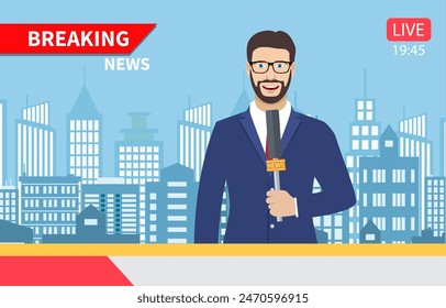 Presentador de noticias de TV. Presentador de Noticias transmitiendo las noticias con un reportero en vivo en pantalla . Ilustración vectorial en estilo plano