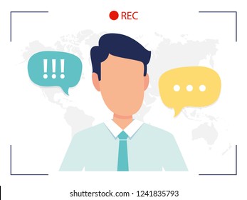 TV News Anchorman Main News Reader On A Television Program, Media Industry Worker Reports From A Studio On Screen Current Events And Information Vector Flat Style