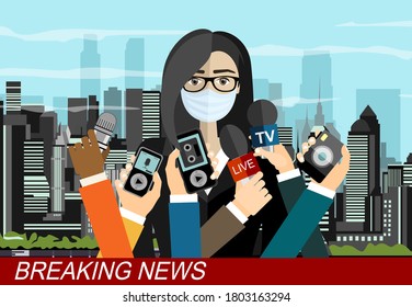 TV News Anchorman In Mask Reads World News About Covid-19 Coronavirus Ncov. Main News Reader On Television Program. Media, Journalism And Press. Flat Illustration